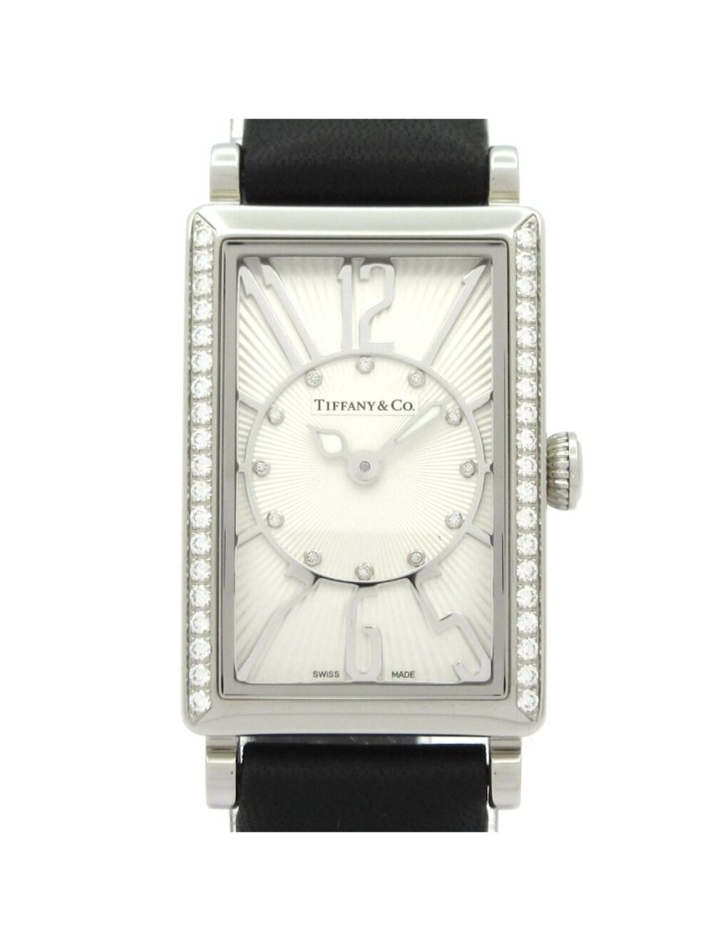 Tiffany & Co Watch Gallery Leather Strap SS Diamond Bezel Dial Silver